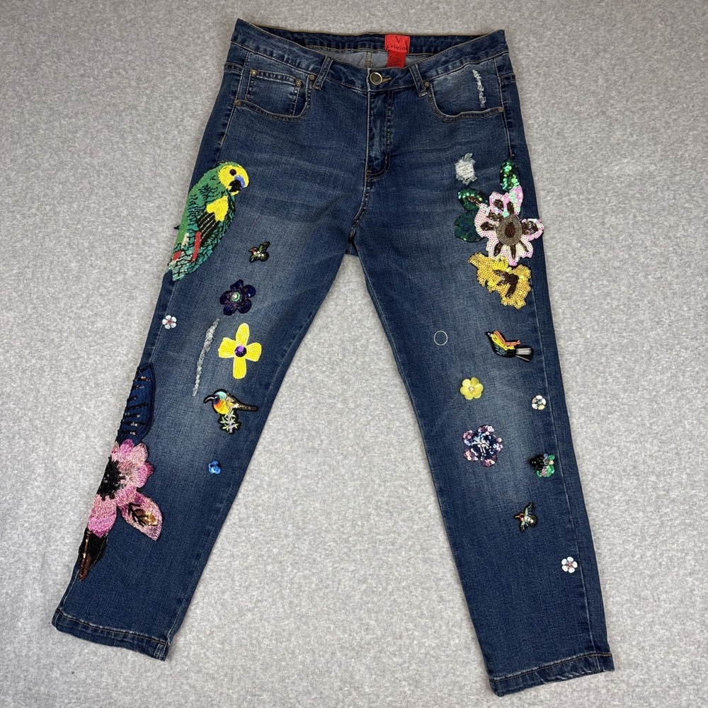 V Cristina Jeans Size 12 Flowers Birds 3-D Sequin Beaded Embellished